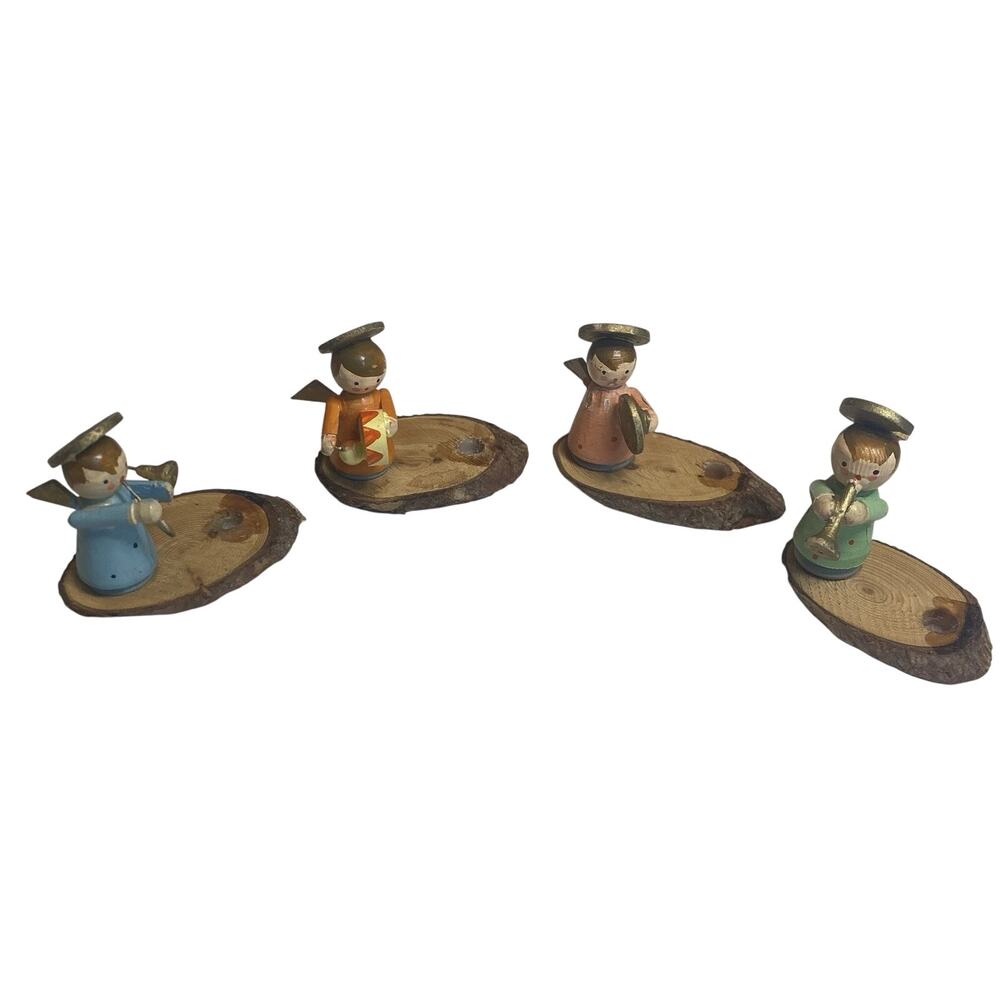 VTG Wooden Angels Birthday Candle Holders Italy Musical Instruments Cake Topper